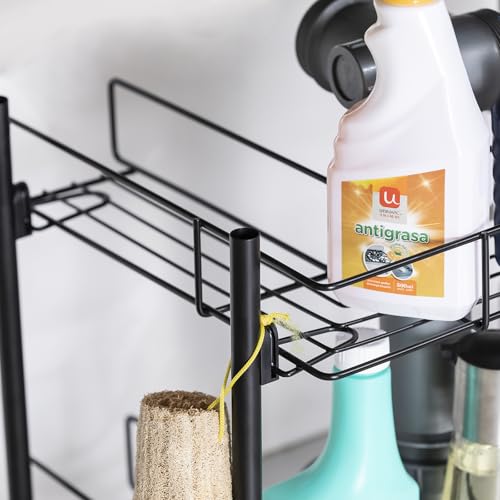 2-Tier Under Sink Organizer Multipurpose Movable Rolling Cart Storage Cabinet Basket for Bathroom Kitchen with Hand Towel Bar, Black