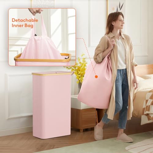 Lifewit 75L Slim Laundry Hamper with Lid, Narrow Laundry Basket with Removable Bag & Bamboo Handles, Fodable Thin Dirty Clothes Hamper for Laundry Collapsible Bin for Bathroom Bedroom Dorm, Pink - color: Pink, size: 75L