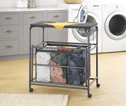 Whitmor Triple Laundry Sorter with Ironing & Folding Table - Rolling Laundry Sorter with Ironing Table - Gunmetal - size: 3 Section lroning Board，Black