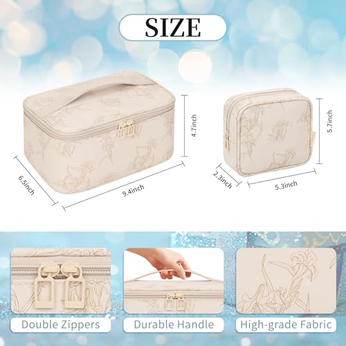 OCHEAL Makeup Bag Set, Portable Travel Makeup Bags Cosmetic Organizer Bag for Women Cute Floral Cosmetic Pouch Large Capacity Make up Bag PU Leather Toiletry Bags with Divider and Handle-Beige - color: 0020_Beige Lily Set of 2, size: Medium