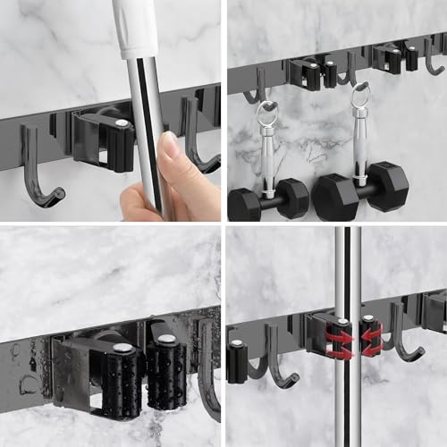 5 Racks and 4 Hooks Mop and Broom Holder Wall Mount, SUS304 Heavy Duty Broom Organizer Storage Tool Racks, Self Adhesive Solid Non-slip Tool Hangers for Home Kitchen Garden Laundry Garage - color: 5 Racks & 4 Hooks (Black) - 1 Pack