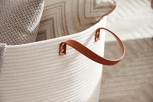 Luxury Little Extra Large Nursery Storage Basket, 22 x 22 x 14 inches - 100% Cotton Rope Baskets with Handles, Laundry Basket for Toys, Blankets & Pillows - Off White with Leather Handles - color: White