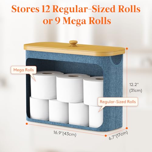 Lifewit Toilet Paper Storage Holder for 9 to 12 Rolls, Free Standing Toilet Paper Basket Stand with Bamboo Lid, Collapsible Fabric Bathroom Organizer Box for Mega Rolls, 23L, Large, Dark Blue - color: Dark Blue, size: 23L