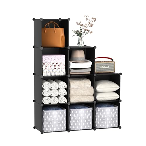 C&AHOME Cube Storage, 9-Cube Bookshelf, Plastic Closet Cabinet Organizer, DIY Stackable Bookcase, Modular Shelving Units Ideal for Home, Office, Kids Room, 36.6" L x 12.4" W x 48.4" H Black SHS3009A - color: Black