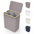 LONBET Laundry Basket with Lid, Made from Breathable Fabric | Aesthetic Clothes Hampers for Laundry with Side Handles & Sturdy Bamboo Frame (40 Gallons - Double, Gray) - color: Gray, style: 40 Gallons - Double