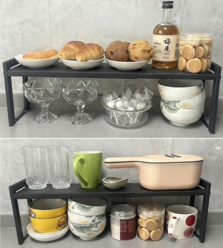 2 Pack Expandable Cabinet Shelf Organizer 16-26" L Stackable Kitchen Counter Shelves Rack Stand Sink Riser Countertop Storage Black (Narrow 5.1”D) - color: Black, size: 5.1"D (narrow) - 2 Pack