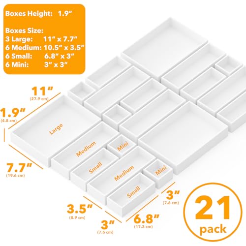SpaceAid 21-Piece Bamboo Drawer Organizer Storage Boxes Set, Wood Tray Junk Drawer Organizers Multi-Use Divider Bins for Kitchen, Bathroom, Office Desk and Makeup Organization (21 Pack, White) - color: White