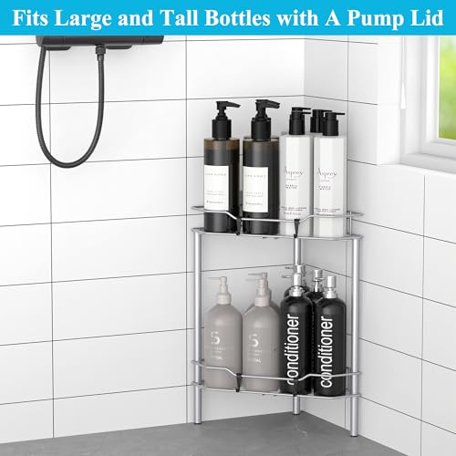 HuggieGems 2 Tier Floor Standing Corner Shower Caddy Organizer Shelf with Hooks, Bathroom Shelves Stand Rack, Silver - color: Silver, size: 2 Tier