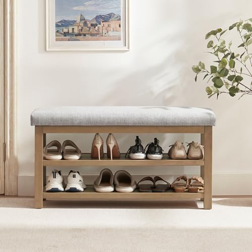 Zihanhome 2 Tier Shoe Rack Bench with Cushion, Solid Wood Shoe Benches, Mid-Century Modern Shoe Storage Bench for Entryway, Hallway, Living Room, Closet, Front Door Entrance, (Grey, 39.4") - color: Grey, size: 39.4"