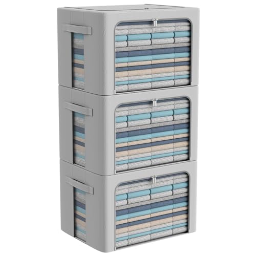 CYhom 3Pack Frame Storage Box - Clothes Storage Bin Bags Oxford Fabric Foldable Stackable Container Organizer Set with Clear Window & Carry Handles Large Capacity (Grey, Large-66L) - color: Grey, size: Large-66L