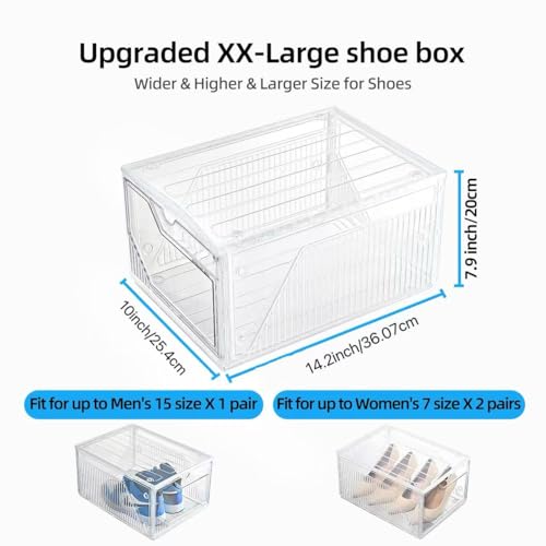 Large Shoe Boxes Clear Plastic Stackable，Drop Front Shoe Box with Clear Door, Shoe Containers For Sneaker Display,Fit up to US Size12 (white clear-Conjoined structure, 6 pack) - color: white clear-Conjoined structure, size: 6 pack