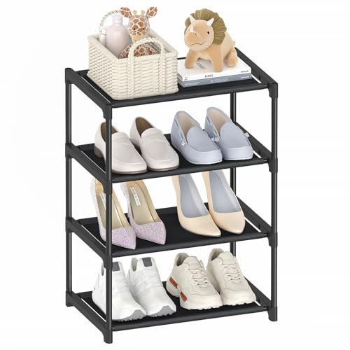 Autonomier 4 Tier Extra Small Shoe Rack (16.3" Wide), Narrow Stackable Kids Toddler Adult Shoe Storage Organizer Shelf for Closet Floor Entryway Bedroom, Space Saver Shoe Rack Organization Shelves