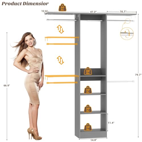 Cyclysio 4FT Small Closet System, 80"H Closet Organizer System with 4 Closets Rods & 3 Shelves, 48" Closets Organizers and Storage for Small Bedrooms, Laundry Rooms, Cloakrooms, Grey - color: Grey