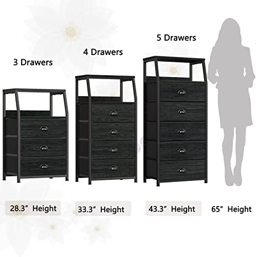 Furnulem Black Dresser with 5 Drawers, Vertical Storage Tower Fabric Dresser for Bedroom, Hallway, Entryway, Nursery, Closet Organizer, Nightstand Bedside Table Furniture, Sturdy Steel Frame, Wood Top - color: Black Oak, style: 5 Drawers