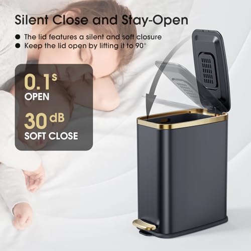CEROELDA Small Bathroom Trash Can with Lid Soft Close-5L/1.3 Gal Slim Garbage Can-Metal Step Wastebasket-Rectangle Narrow Waste Bin for Office, Bedroom, Toilet, Live Room (Black) - color: Black