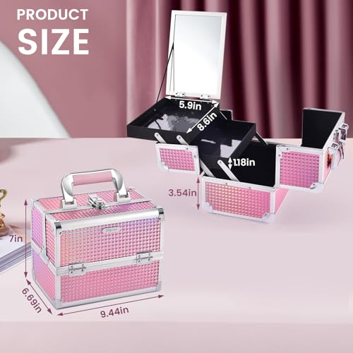 Joligrace Makeup Train Case Makeup Case Organizer Portable Cosmetic Box Storage with 2 Trays Mirror Locking Make Up Travel Case for Nail Kits Cosmetics Craft Traveling Makeup Box Mermaid Pink - color: Beauty Pink