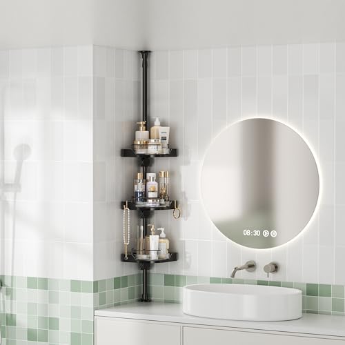 360° Rotating Shower Caddy Tension Pole, 3 Tiers Corner Shower Organizer for Bathroom Shelf Bathtub, Adjustable Standing Shower Rack Bathroom Accessories, Easily Assemble, 34-124 Inch Height, Black - color: Black, size: 3tiers
