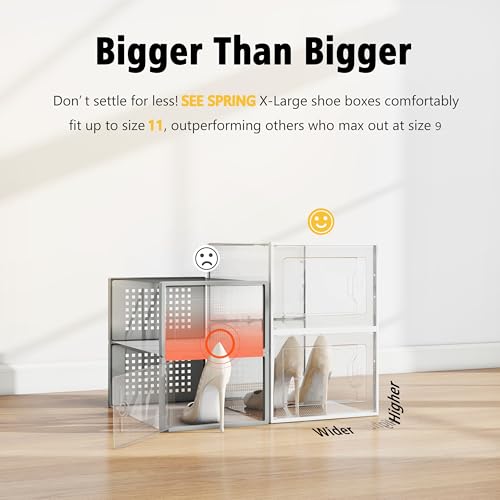 SEE SPRING X-Large Shoe Storage Box Fit Size 11, Clear Plastic Stackable Shoe Organizer for Closet, Space Saving Foldable Shoe Rack Sneaker Container Bin Holder, 12 Pack Clear - color: Clear, size: X-Large Fit Size 11