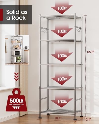Sakugi Storage Shelves - 5-Tier Large Capacity Shelf Organizer with Hooks, Heavy-Duty Garage Shelving with Leveling Feet, Wobble-Free Rack for Bedroom, Balcony, Garage, 18.1"×12.4"×56.8", Silver - color: Silver, size: 18.1W×12.4D×56.8H(5T)