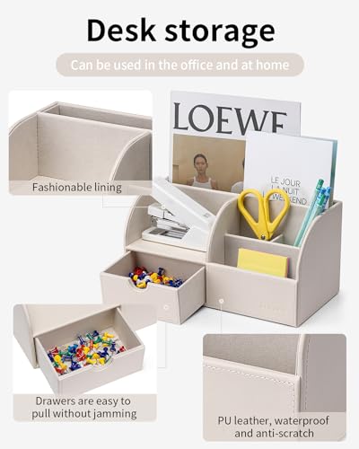 Vlando Office Desk Organizer Leather Desktop Organizer Caddy with Drawer for Storing Desktop Supplies and Accessories (White) - color: A.White