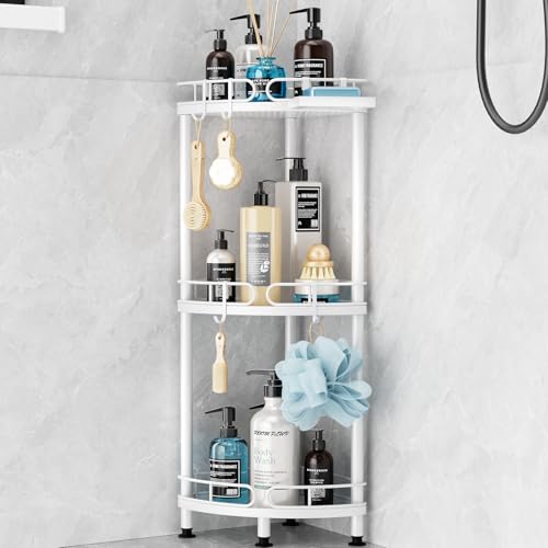 SWTYMIKI Corner Shower Caddy Standing - 3 Tier Stainless Steel Shower Organizer Stand with 4 Hooks & Soap Holder, Rustproof Metal Standing Tall Floor Shower Shelf and Bathroom Organizer, White - color: White-3 tier