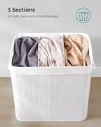 SONGMICS Laundry Hamper, 39.6 Gallons (150L), 3-Section Laundry Basket, Laundry Hamper with Lid, Bamboo, Foldable, Removable and Machine Washable Liner, for Laundry Room, Bedroom, White ULCB091W01