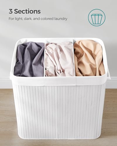SONGMICS Laundry Hamper, 39.6 Gallons (150L), 3-Section Laundry Basket, Laundry Hamper with Lid, Bamboo, Foldable, Removable and Machine Washable Liner, for Laundry Room, Bedroom, White ULCB091W01