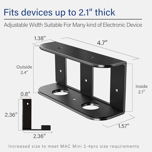 BYMECOST Under Desk Laptop Storage Mount with Hook, Metal Under Desk Device Holder, for Devices Up to 1.37" Thick, MacBook, Mini, Keyboard, Router, with Anti-Scratch Silicone (Black, 2.1" with Hook) - color: Black, size: 2.1" with hook