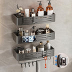 Voldra Shower Caddy Suction Cup, 3 Pack Shower Shelves for Inside Shower No Drilling, Aluminum Suction Showers Organizer with Towel Bar & Hooks Removable Bathroom Shelf Storage Rack(Gray) - style: Suction Cup Rectangle-3 Pack