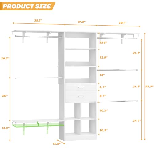 Besiost Closet System - 5-8FT Closet Organizer System with Wooden Drawers & Cube Storage Organizer, Up To 96" Closet Systems for Nursery & Walk-In Closets with Cuttable Hanging Shelving, White - color: White, size: 8 FT