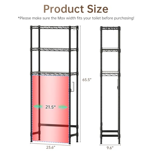 Golpart 3-Tier Over The Toilet Storage Shelf,Heavy Duty Adjustable Metal Bathroom Rack with Toilet Paper Holder & Hooks,Space-Saving Organizer for Bathroom,10”D x 24”W x 66”H,Black - size: Black-3-Tier-10"D x 24"W x 66"H
