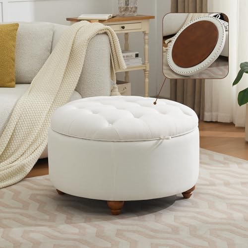 WUTUTUEE 30Inch Round Storage Ottoman with Tray, Modern Tufted Fabric Circle Coffee Table with Storage, Upholstered Ottoman with Removable Top for Living Room, Bedroom, Beige - color: Beige, size: 30 Inch
