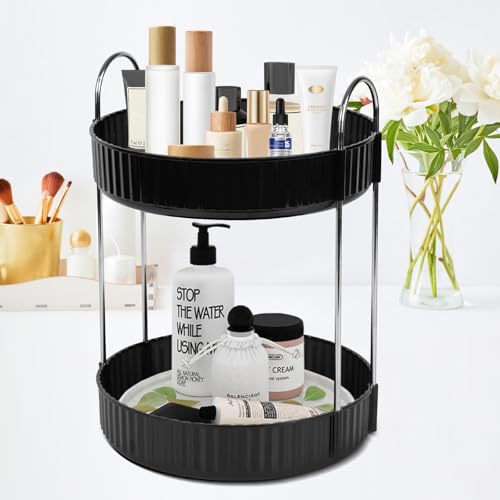 Rotating Makeup Organizer Countertop 2 Tier Lazy Susan Trays Spinning Skincare Perfume Storage for Bathroom Counter Vanity, Black - color: Black, size: 2 Tier