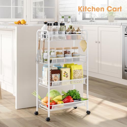 TOOLF 4-Tier Rolling Cart, Metal Utility Cart with 3 Hooks, Easy Assemble Mobile Storage Trolley On Wheels, Metal Shelving Units Kitchen Bathroom Laundry Room - color: White, size: 4-Tier