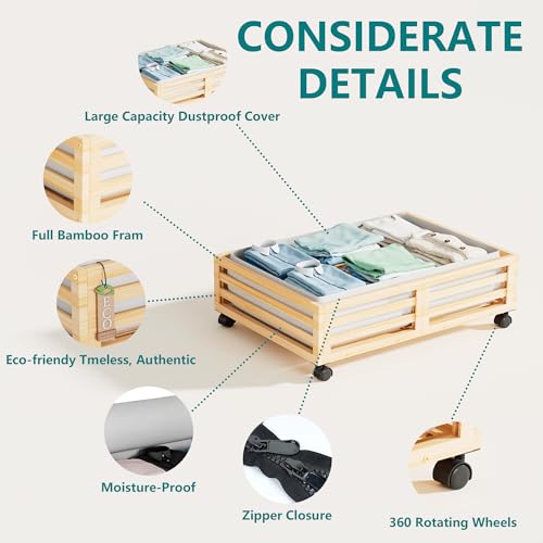 Wisuce Bamboo Under Bed Storage Containers- Underbed Organizer with Wheels with Dust Bag,Sturdy Wood Rolling Under the Bed Shoe Storage Organizer Drawers (Nature, 2 Pack (23.62"×16.54")) - color: Nature, size: 2 Pack (23.62"×16.54")