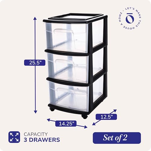 HOMZ 2-Pack Drawer Tower, 3-Tier Clear Plastic Storage Organizer Cart, Black Frame - Organizing Containers with Wheels for Home, Bathroom, Bedroom, Office, and Classroom - color: Black, size: 2 Pack