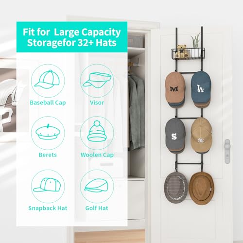 HapiRm Over Door Hat Rack - Wall Mounted Hat Organizer with 6 Hooks and Metal Basket Design, Baseball Cap Organizer Storage Holder Up to 32 Caps for Door, Bedroom, Closet (Black) - color: Black, size: 1 Pack