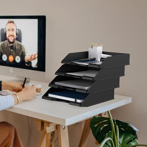 4 Pack Stackable Paper Trays for Letter Documents, Desktop File Organizers for Office Supplies, Stackable Desk Tray Holder for Paper Storage, Black - color: Black