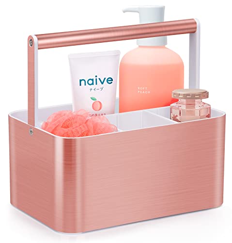 BYUNER Compact Shower Caddy Dorm - Portable Bathroom Caddy Organizer with Handle and Adjustable Divider for College Dorm & Shared Bathroom, Hard Plastic Shower Basket Tote for Toiletry Drainage, Pink - color: Rose Gold