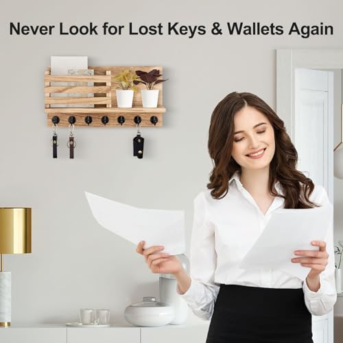Lwenki Key Holder for Wall – Decorative Wooden Mail Holder and Key Shelf with Mounting Hardware, Installation Guide – Paulownia Wood with Metal Key Hooks (Wood, Extra Large - 15.6inch) - color: Wood, size: Extra Large - 15.6inch