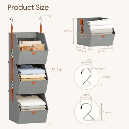 Homsorout Collapsible Hanging Closet Organizer - 3 Tier Closet Shelves Storage System with Hooks, Fabric Hanging Storage Bins for Clothes, Foldable Storage Basket for Laundry, Bedroom, Rv, Grey - color: Grey, size: 3 shelves