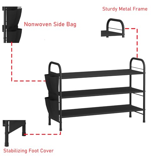 3 Tier Shoe Rack with Side Pockets, Shoe Organizer Space Saver Storage for 7-9 Pairs Shoes Storage Shelf Sturdy Free Standing Metal Long Shoe Holder Organizer for Closet, Entryway Black - color: Black, size: 3 Tier