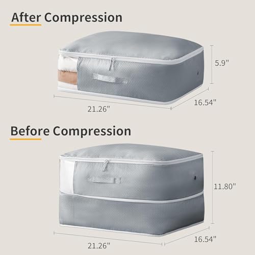 DIMJ Comforter Storage Bag 6 Pack - Blanket Storage Organizer Compression Bags, Large Capacity Ultra Space Saving Self Compression Organize for Bedding, Pillow, Duvet, Sheet Storage with Zipper Window - color: Gray, size: 66L x 6 Pack