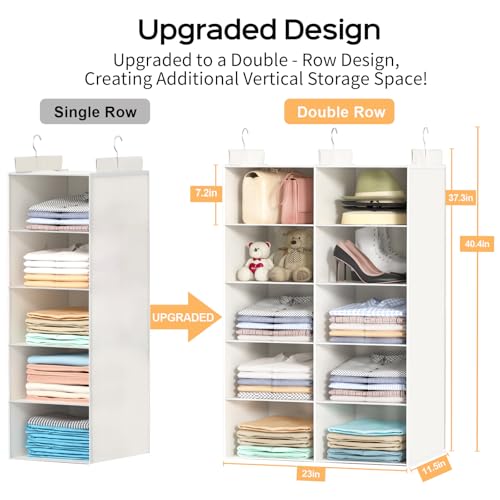 ALLTIDYUP White 5-Tier Hanging Closet Storage Organizer - Space-Saving Dual-Row Foldable Shelves with 3 Hooks, Wardrobe Organizer for Dorm, Bedroom, Clothes and Accessories - color: White, size: 5 Tier