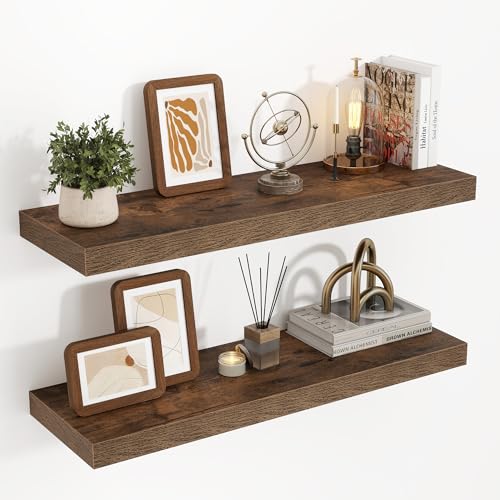 Acovy 32 Inch Floating Shelves, 3D Textured Wood Grain, 32"x9.25"x1.5" Inch Deep Floating Shelves for Wall, Wooden Shelves for Bathroom, Bedroom, Living Room, Brown, 2 Pieces - color: Brown, size: 32"x9.25"-2pcs