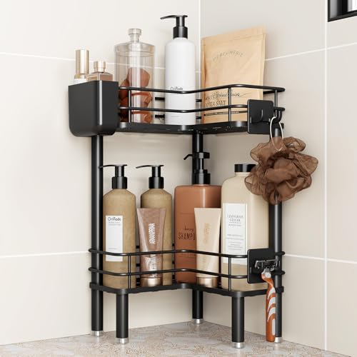 Orimade Rustproof 2 Tier Floor Standing Corner Shower Caddy Organizer with Toothbrush Holder, Large Spacing Floor Shower Shelf Rack Storage Stands with Hooks for Bathroom Kitchen, Black - color: Black, size: 2 Tier