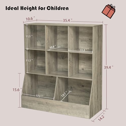 DINZI LVJ Toy Storage Organizer, Kids Bookshelf, Wood Toy Storage Cabinet, 3-Tier 8 Cubby Children Bookcase, 35.4" L Toddler Book Shelf for Playroom, Living Room, Nursery, Hallway, School, Gray Wash - color: Gray Wash, size: 3-Tier 35.4"