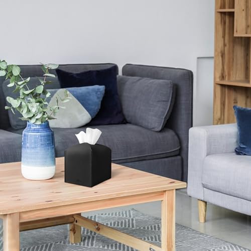 Tissue Box Cover Holder Square Tissue Cube Cover PU Leather Tissue Organizer with Bottom Belt for Bathroom, Tabletop, Car, Night Stands, Office, Home, Kitchen (2, Black) - color: Black