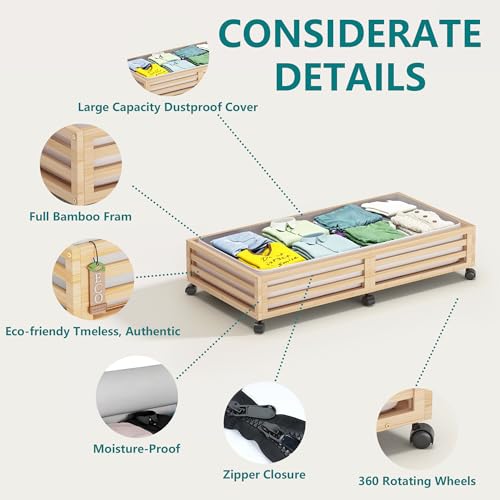 Wisuce Bamboo Under Bed Storage Containers- Underbed Organizer with Wheels with Dust Bag,Sturdy Wood Rolling Under the Bed Shoe Storage Organizer Drawers (Nature, 2 Pack (33.07"×16.54")) - color: Nature, size: 2 Pack (33.07"×16.54")