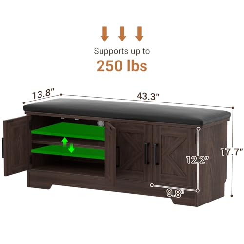 Farmhouse Shoe Storage Bench with Cushion - 43.3" Entryway Bench with Storage & 4 Barn Doors, 2-Tier Wooden Shoe Rack Bench, Shoe Cabinet & Mudroom Bench for Bedroom Hallway Living Room, Black Walnut - color: Black Walnut